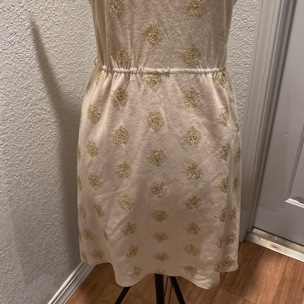R & K Originals Vintage Short Cap Sleeve Midi Dress Tan & Gold Threaded Sz Small - Picture 3 of 11